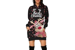 LOMELOMME Damen Weihnachtspullover Lustig Oversize Kapuzenpullover Strickpullover Weihnachten Pullover Kleid Weihnachtsbaum Druck Weihnachtspulli Weihnachtspullover Kurz Mit Led Christmas Hoodie Kleid