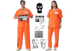 COSEAON Sträfling Kostüm Herren Damen Orange Prisoner Costume Häftling Kostüm Orange Halloween Gefangener Overall Knast Prisoner Cosplay Outfit für Erwachsener Gefängnis Kostüm