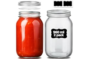 ComSaf Zestaw 2 słoików na mason z szeroką szyjką o pojemności 946 ml, z pokrywką, z taśmą uszczelniającą, duży, szklany słoik na marynaty, dżemy, sosy, salsę, zakwas, sok, herbatę