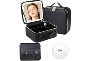 LEAZZLE Maletin Maquillaje con Espejo,Lupa 10x Cosméticos Bolsa organizadora Maquillaje con Espejo Iluminado 3 Modos Color Brillo Ajustable,Portátil Impermeable Estuche Maquillaje,Organizador Maquillaje Viaje