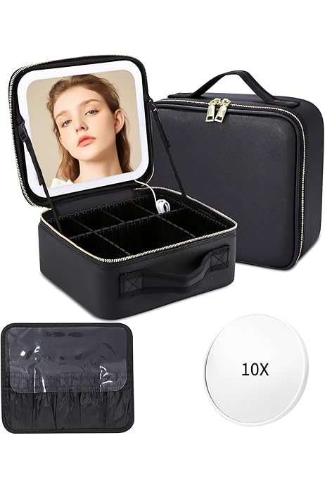 Beauty Case Da Viaggio Con Specchio LED Ricaricabile - Borsa Trucco Organizzata Con Spazzole - Portatile E Professionale