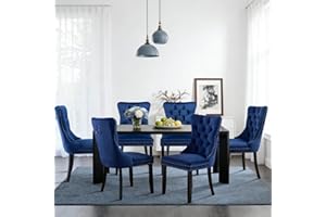 SoarFlash Ensemble de 6 Chaises de Salle à Manger en Velours, avec Dossier à Ailes tapissé, piquetage à Boutons, Garniture rivetée, Anneau décoratif de Dossier et Jambes en Bois, Bleu