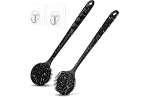 SUPERWSLING 2PCS Rückenbürste mit langem Stiel Silikon Duschbürste doppelseitig Massage & Peeling, Badebürste ergonomisch für Senioren Männer Frauen, Eincremehilfe Dusche mit 2 Haken platzsparend schnell trockne