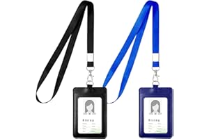 Vicloon Colgante de Tarjeta de Identificación PU, 2Pcs Soporte de Tarjeta ID de Doble, Caracuero Vertical Portatarjetas con Lanyard para Personal, Oficina (Negro&Azul Oscuro