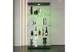 BPKADHY Vetrina in vetro, vetrina a LED, illuminazione con serratura e 2 ante, 4 scomparti con vetrina in vetro, per oggetti da collezione, libri, giocattoli (2 porte, 4 piani, nero)