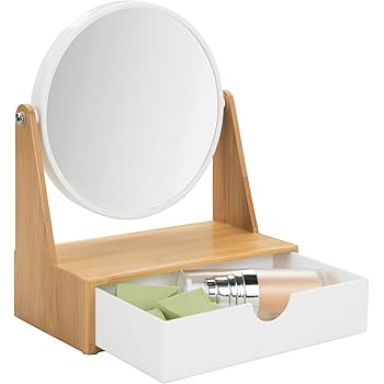 mdesign freestanding cosmetic bathroom storage vanity bamboo dresser drawer counter mirror makeup round base natural