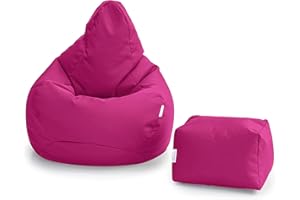 Loft 25 Bean Bag Gamer Chair | Outdoor Indoor Living Room BeanBag Seat | Water Resistant | Ergonomic Design for Body Support | Durable & Comfortable (Bean Bag + Footstool, Cerise)