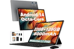 DGHRTI 2025 Newest Tablet 10 Pulgadas Android 14, 22(6+16)GB+128GB ROM/TF 2TB, 8000mAh, Control Parental, 8-Cores, GPS, Face ID, Widevine L1, BT5.0, 8MP+5MP, WIFI 6, Tablet con Funda Teclado+Ratón-Gris