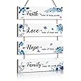 KAIRNE Inspirational Phrase Wall Art Sign,Faith Love Hope Family Wall Art,Blue Flower Wood Sign,Positive Wall Hanging Sign,Motivational Quotes Wall Plaque Decor for Living Room Bedroom Kids Room Decor