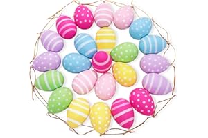 Ctxtqtdt 24 STK Ostereier mit Punkten und Streifen, Ostereier zum Aufhängen, Osterdekoration Ostereier mit Band, Bunte Ostereier Plastik, Größe: 6 cm, 5 Farbe - Rosa, Blau, Grün, Rosarot, Gelb