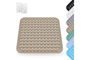 ARCPNRT Tappetino Doccia, 48 x 48 cm Tappeto Doccia Quadrato Lavabile in Lavatrice con Ventosa, Tappeto Doccia in PVC Antiscivolo, Tappeto Massaggiante Antiscivolo per Doccia e Sauna, incl. 2 Ganci, Cachi