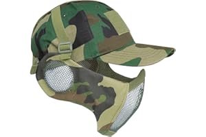 Yzpacc - Set di maschera e cappello per softair, in maglia d'acciaio con protezione per le orecchie e berretto da baseball, maschera protettiva tattica per CS Game, BB Gun, paintball, caccia, tiro
