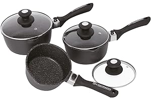 Schumann Professionnel - Lot de 3 Casseroles 16/18/20cm - Compatible Tous feux dont Induction - Fonte d'Aluminium Sans PFOA - Manches Amovibles en Silicone - Couvercles Inclus - 1,4L /1,9L /2,4L