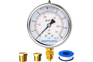 HANSFELDS Manómetro Hansfeld, manómetro, mm BSP, conexión inferior, visor de vidrio, mecanismo interno y conexión de latón, escala doble en bar/psi. (Montaje inferior, 0-16bar)