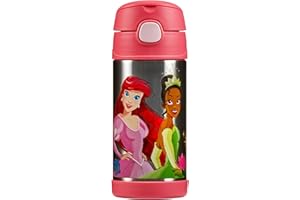 Thermos - Disney Princesses Water Bottle (355ml) - BPA Free, Stainless Steel, Spill Proof, Pop-Up Straw, Disney Kids Flask with Personalised Name Labels & Carry Handle for 12-Hour Cold Drinks