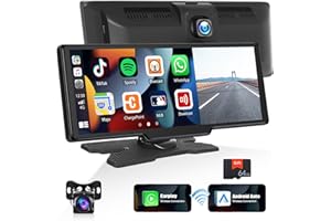 CAMECHO Wireless Car Stereo for Apple CarPlay Android Auto with Dash Cam, 9.3 Inch Touchscreen Portable Carplay Screen, 1080P Backup Camera, Bluetooth Mirror link Voice Control GPS Sat Nav FM +64G TF