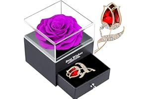 SWEETIME Purple Rose, Real Preserved Rose Flower in a Box, Never Withered Rose with Elegant Butterfly Brooch, Best Gift for her on Valentine's Day Christmas Anniversary Birthday Thanksgiving.