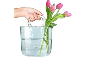 FNG8 Vase Decoratif en Verre - Vase Sac a Main - Vase Bleu Clair Soufflé à la Main - Vase Fleur, Fruits, Pot-pourri, Petits Poissons, Bonbons - Grand Vase Transparent avec Bulles d'eau - Déco Moderne