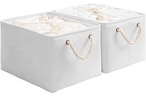 OUTBROS 2 PCS Cesta de Almacenamiento Grande, 40 x 30 x 26 cm Caja de Almacenaje Plegable de Tela con Asas de Transporte y Cubierta de cordón para Toallas, Ropa, Blanco
