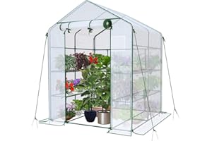 VOUNOT® Serre de Jardin PE avec Étagères 3 Niveaux Serre de Jardin pour Légumes Plantes Fleurs Bâche Renforcée 135g/m2 Protéger Vos Plantes en Toutes Saisons 143x143x195cm