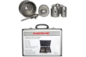 WERHE® Zestaw otwornic do betonu 6 sztuk z walizką Wiertło otworowe Ø 40 65 80 100 120 mm, wiertło koronowe, wiertło koronowe do cementu, adapter przedłużający 110 mm SDS Plus
