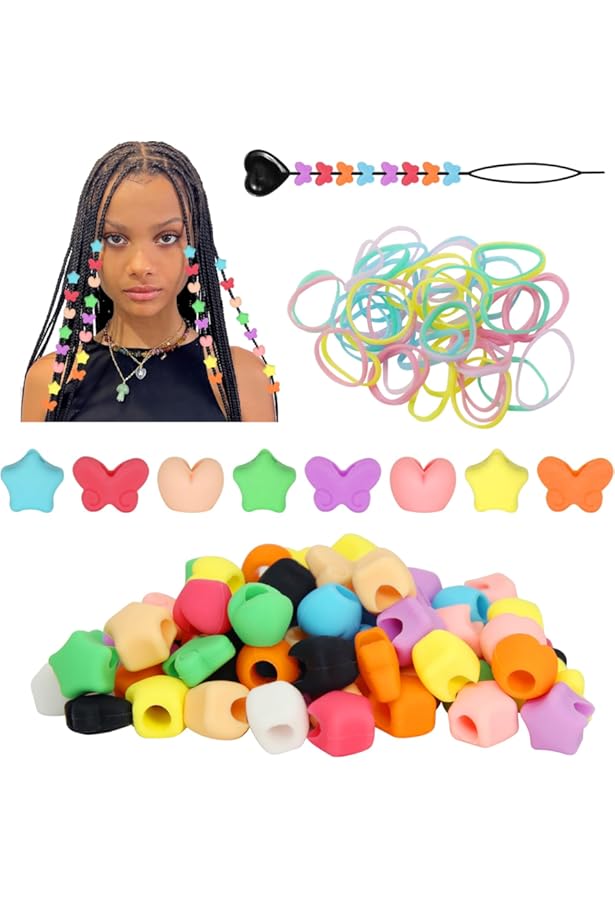 Kit Perles à Cheveux Filles - 80 Perles Silicone + 40 élastiques + Machine à Perler - Création Coiffures