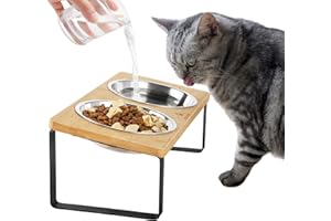 GUUSII HOME Gamelle Chat Surélevée Double, Gamelle pour Chat INOX avec Support Incliné, Bol Chat Gamelle Chaton, Gamelle Chat Anti Vomissement,Gamelle pour Chien(Couleur du Bois)