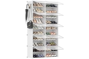 SONGMICS Étagère à Chaussures 10 Compartiments, Étagère de Rangement Modulable, Compartiment de 30 x 40 x 30 cm, Porte, Cadre en Acier, Plastique, pour Couloir, Chambre, Entrée, Blanc LPC035W01
