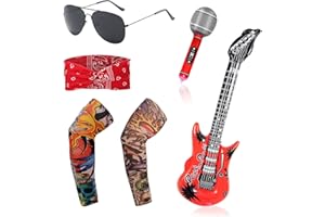 TSHAOUN 6 Pcs Punk Rocker Party Kit, Gothic Kit, 70s 80s 90s Disco Costume Accessories, Inflatable Microphone, Large Inflatable Guitar, Tattoo Sleeves Arm, Vintage Red Headband, Sunglasses