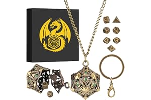 KELLER & WEBER Mini Set di Dadi DND con Portachiavi Portatile, Collana, Gabbia Metallica Vuota D20 con Diamante Verde, Mini Set Poliédrici in Metallo da 7 Pezzi, Regali D&D con Scatola, Accessori per Giochi, Bronzo