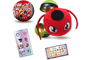 Miraculous Biedronka, 4-1 kapsułka kolekcjonerska zabawka, niespodzianka Miraball z rozszerzającym się pluszowym Kwami, kolekcjonerska postać metalowa obudowa, błyszczące naklejki i wisząca wstążka