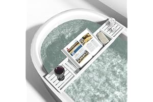 LIZZIE JACOBS Plateau de baignoire en bambou pour accessoires de salle de bain, bougie, verre à vin, livre, tablette, iPad et téléphone, étagère de rangement (blanc)