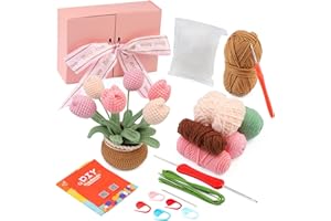 MASPHY Häkel-Starter-Kit für komplette Anfänger, Anfänger-Häkelset für Erwachsene, Häkelset für Anfänger,DIY Häkel Strickset mit Schritt-für-Schritt-Video-Tutorials. (Tulpen)