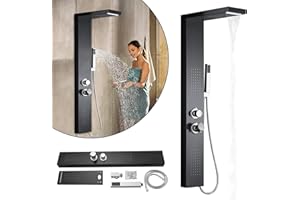 Froadp System Prysznicowy z Deszczownicą Panel Prysznicowy z Nierdzewnej Stali Szczotkowanej do Montażu na ścianie z Prysznicem Masującym, Prysznicem Wodospadowym i Zestawem Prysznicowym (Czarny Mat)