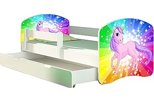Kinderbett Jugendbett mit einer Schublade und Matratze Weiß ACMA II 140 160 180 40 Design (180x80 cm + Bettkasten, 18 Pony Regenbogen)