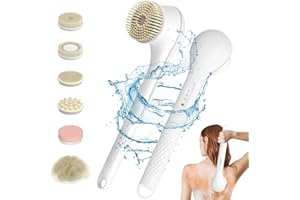 Emooncn 6 in 1 Electric Body Brush Set for Showering Rechargeable Shower Brush for Body with Long Handle, Electric Bath Scrub Brush Kit with 7 Spin Brush Heads Waterproof Silicone Facial Brush (White)