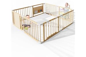 ZIKEBTUY Baby Playpen 160x160x61cm Wood Playpen Foldable Baby Fence fold Away Play Pen with Musical Toys and Door Portable Easy Assembly Playpens for Babys & Toddlers (M)