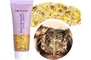 HIRSRIAN Body Glitter Gel Chunky Sequins Glitter Liquid Gel Festival Glitter Face Mermaid Sequins Cosmetics for Hair, Face, Body, Nail (Golden 50 ml)