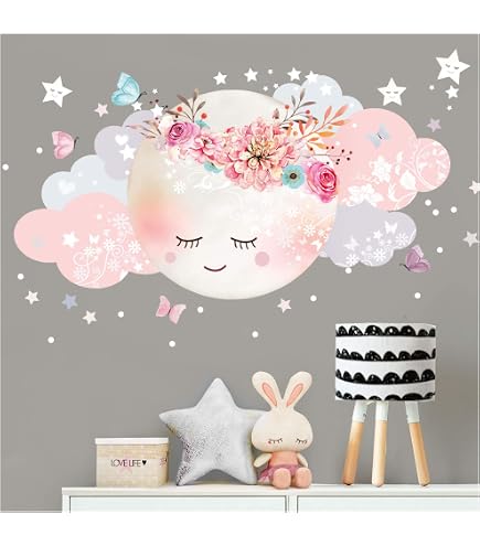 Wandtattoo Rosa Mond & Wolken – Babyzimmer-Deko, 72x44 Cm | Selbstklebend, Kinderfreundlich