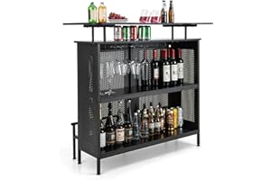 KOMFOTTEU Stół barowy z 2 półkami i podnóżkiem, 120 x 50 x 106,5 cm, blat kuchenny z dużą przestrzenią do przechowywania i regulowanym podnóżkiem, bar domowy