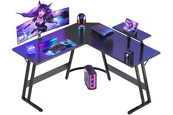 Devoko Bureau Gaming d'angle 120 x 120cm avec Support d'écran, Table Informatique en Coin,Bureau Gamer en Forme de L Table pour Etudier, Jouer et Travailler Carbon Noir