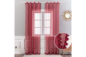 MIULEE Set of 2 Net Curtains with Tassels and Eyelets, 55" W x 88" L (2 Panels), Wine Red, Contemporary Style, Semi-Sheer, Living Room, Bedroom