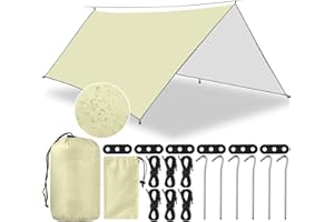 GUHAOOL 3x3M Camping Bâche, Bâche Anti-Pluie, Tarp Bivouac Anti UV Ripstop, avec Oeillets+ 6 Piquets en alu+ 6 Cordes,Léger Portable pour Extérieur,Bivouac,Randonnée,Trekking,Hamac,Auvent Van Fourgon