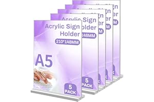 Sagreeny A5 Acrylic Sign Holder, 5 Pack T-Shaped Clear Sign Holder, A5 Acrylic Poster Double Sided Display Stand for Table Restaurant Hotel Documents Office