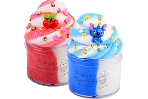 AXCOIUP 2 Pack Fluffy Cloud Slime Kit with Blue and Cherry Cute Charms, Super Soft and Non-Sticky, Party Favors Stress Relief Slime Toys for Girls Boys