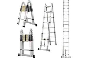 ROYALSWILL Échelle Telescopique 3,8m, Polyvalent Aluminium Échelle Télescopiques Portable Pliable Échelles Multi-Fonction Escamotable 12 Echelons Echelle Pliable Extensible Pliante Escabeau (1,9m+1,9m) Argent