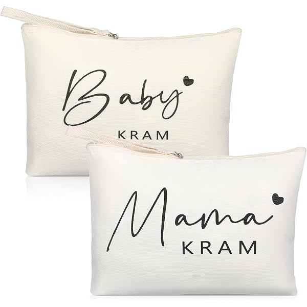 2er Set Geschenktaschen Für Babyparty – Segeltuch, Reißverschluss, Mama & Baby, Beige, 25x17 Cm