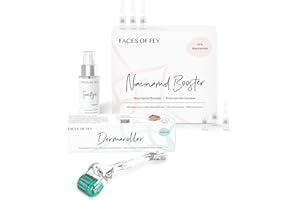 ‎FACES OF FEY FACES OF FEY Microneedling Set gegen vergrößerte Poren – Dermaroller 0,25 mm mit ECHTEN 192 Nadeln - 10% Niacinamid Serum & Sanitizer für eine strahlende Haut