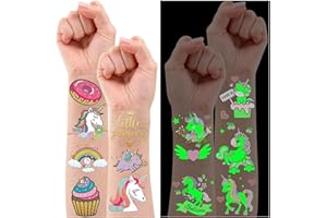 Leesgel Tatuaggi Unicorno, 32 stili luminosi+glitter metallizzati unicorno tatuaggio adesivi per decorazioni di compleanno unicorno forniture, sacchetti per feste per bambini e ragazze