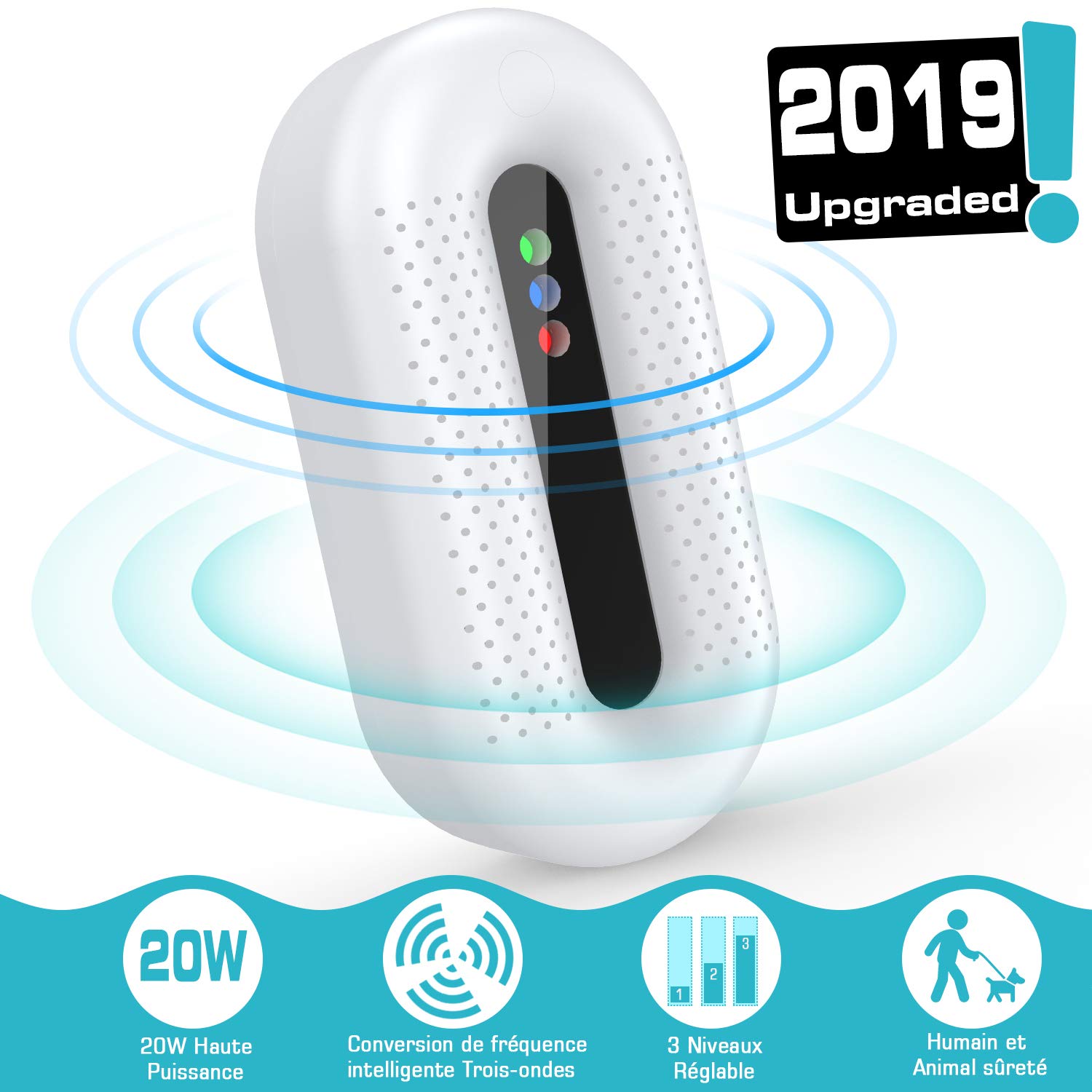 Fitfort Repulsif Ultrasons 20w Haute Puissance 3 Niveaux Réglables Triple Ondes Pour Occasions Polyvalentes Anti Rats Sourisfourmis Cafards